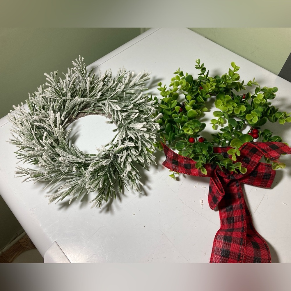 2 Festive Green and Red Holiday candle rings, plastic. 10-12” new bought them